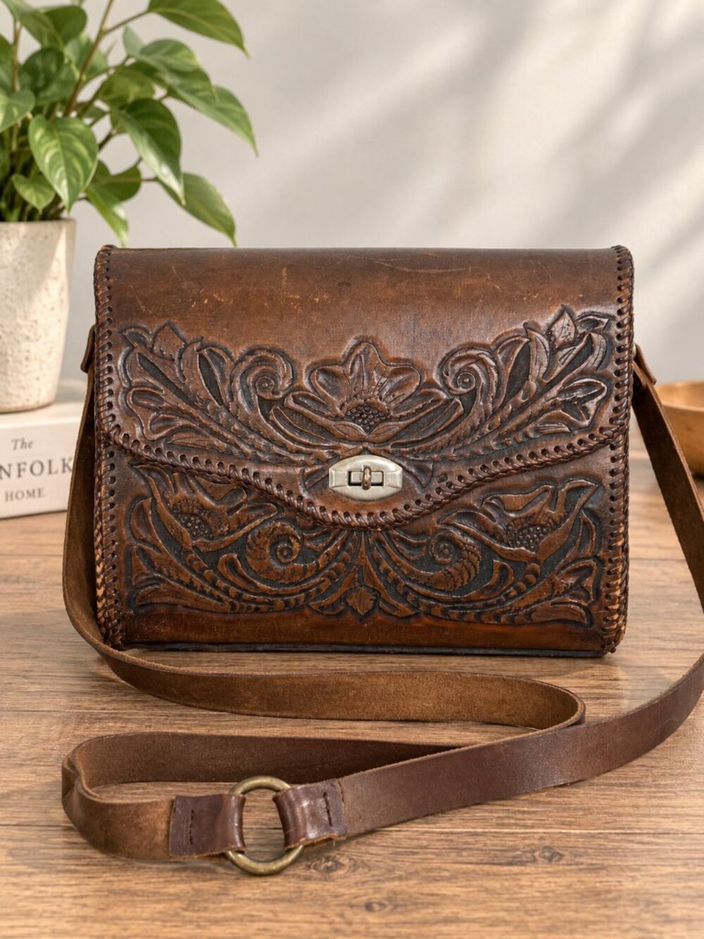 Vintage Tooled Leather Crossbody Bag Brown Floral Western Boho Shoulder Purse